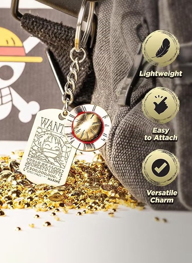 سلسلة مفاتيح ون بيس، قطعة لوفي قابلة للتحصيل بلمسة نهائية ذهبية فاخرة، منتجات ون بيس مع قبعة القش وبطاقة المطلوبين - Image 2